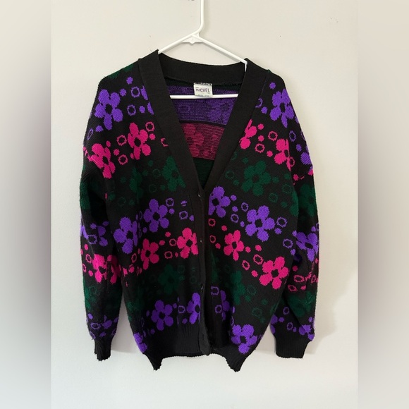 VTG SRL Michel Tex Hippie Boho Cardigan Floral Groovy Multi Color Black Size M L - Picture 2 of 7